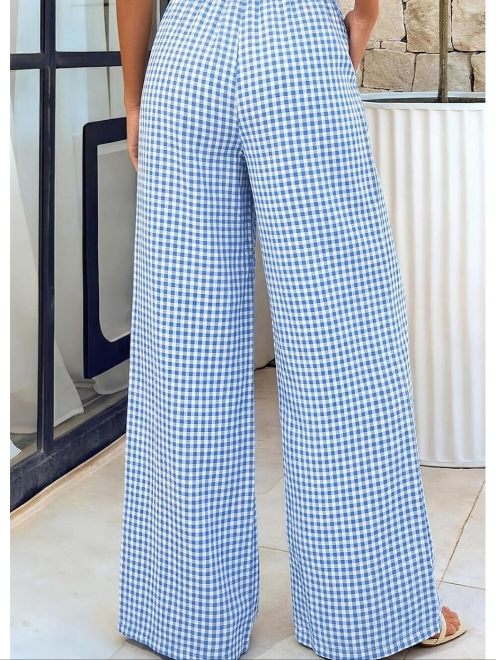 Blue Gingham Wide-Leg Pants - Casual Pull-On - Picture 4 of 6